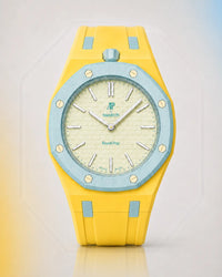 Two-tone blue rubber strap fitted to the Audemars Piguet x Swatch Royal Pop Blaue Acht