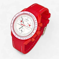 Red strap fitted to an Omega x Swatch MoonSwatch Mission to Mars