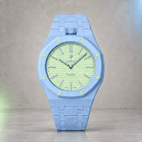 Light blue ceramic strap and wrist adapter fitted on the Audemars Piguet x Swatch Royal Pop Blaue Acht
