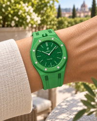Two-tone strap for the AP x Swatch Royal Pop Green Eight worn on the wrist | WatchCollab