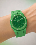 Two-tone rubber strap for Audemars Piguet x Swatch Royal Pop Green Eight, worn on the wrist