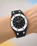 Two-tone rubber strap for Audemars Piguet x Swatch Royal Pop Ocho Negro, worn on the wrist
