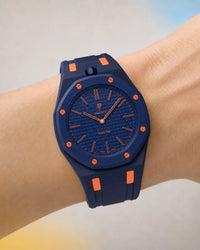 Two-tone strap for the AP x Swatch Royal Pop Orenji Hachi worn on the wrist | WatchCollab