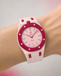Two-tone strap for the AP x Swatch Royal Pop Otto Rosso worn on the wrist | WatchCollab