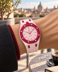 Two-tone rubber strap for Audemars Piguet x Swatch Royal Pop Otto Rosso, worn on the wrist