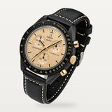 Bracelet cuir noir à surpiqûres crème pour Omega x Swatch MoonSwatch Mission to the Moon 1969