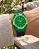 Royal Pop Green Eight on the wrist with its green and black premium rubber strap