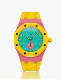 Pink rubber strap with yellow case for the AP x Swatch Royal Pop Otg Roz | WatchCollab