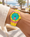 Royal Pop Otg Roz on the wrist with its pink and yellow premium rubber strap