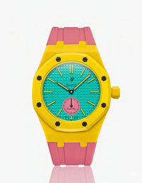 Yellow rubber strap with pink case for the AP x Swatch Royal Pop Otg Roz | WatchCollab