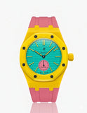 Yellow rubber strap with pink case for the AP x Swatch Royal Pop Otg Roz | WatchCollab