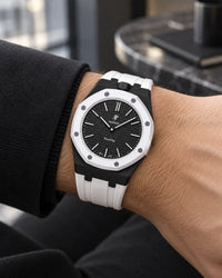Royal Pop Ocho Negro on the wrist with its white and black premium rubber strap