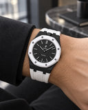 Royal Pop Ocho Negro on the wrist with its white and black premium rubber strap