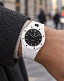 Royal Pop Ocho Negro on the wrist with its white premium rubber strap
