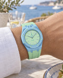 Royal Pop Blaue Acht on the wrist with its light blue and mint premium rubber strap