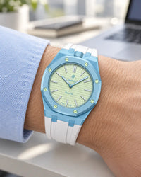 Royal Pop Blaue Acht on the wrist with its white premium rubber strap