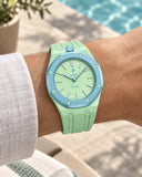 Royal Pop Blaue Acht on the wrist with its mint premium rubber strap