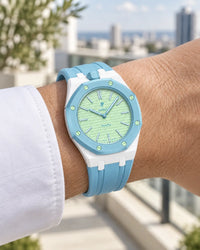 Royal Pop Blaue Acht on the wrist with its white and light blue premium rubber strap