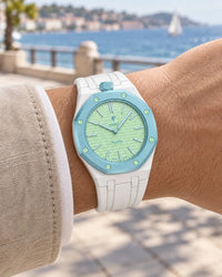 Royal Pop Blaue Acht on the wrist with its white premium rubber strap