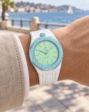 Royal Pop Blaue Acht on the wrist with its white premium rubber strap