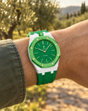 Royal Pop Green Eight on the wrist with its green and black premium rubber strap