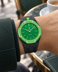 Royal Pop Green Eight on the wrist with its black premium rubber strap