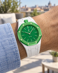 Royal Pop Green Eight on the wrist with its white premium rubber strap