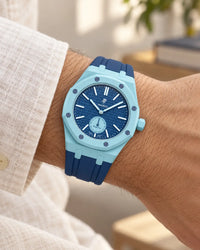 Royal Pop Làn Ba on the wrist with its light blue and navy blue premium rubber strap