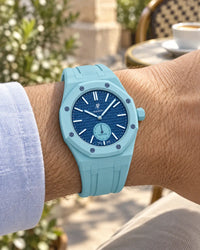 Royal Pop Làn Ba on the wrist with its light blue premium rubber strap