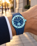 Royal Pop Làn Ba on the wrist with its navy blue premium rubber strap