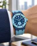 Royal Pop Làn Ba on the wrist with its navy blue and light blue premium rubber strap