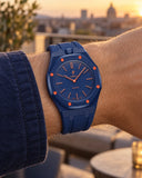 Royal Pop Orenji Hachi on the wrist with its navy blue premium rubber strap