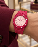 Royal Pop Otto Rosso on the wrist with its red premium rubber strap