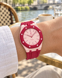Royal Pop Otto Rosso on the wrist with its red and white premium rubber strap