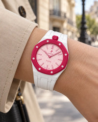 Royal Pop Otto Rosso on the wrist with its white premium rubber strap