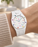 Royal Pop Huit Blanc on the wrist with its white premium rubber strap