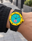 Royal Pop Otg Roz on the wrist with its black premium rubber strap