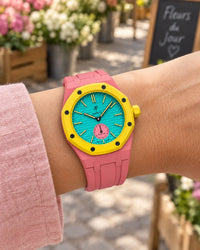 Royal Pop Otg Roz on the wrist with its pink premium rubber strap