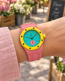 Royal Pop Otg Roz on the wrist with its pink premium rubber strap