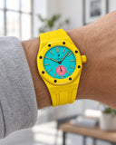 Royal Pop Otg Roz on the wrist with its yellow premium rubber strap