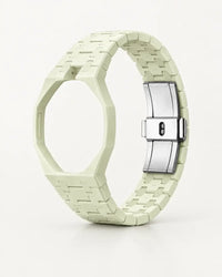 Cream ceramic bracelet and octagonal case for the AP x Swatch Royal Pop, shown on its own | WatchCollab