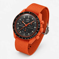Orange rubber strap on MoonSwatch Mission On Earth Lava