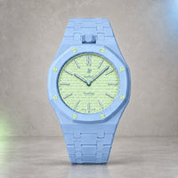 Light blue ceramic strap and case for the AP x Swatch Royal Pop Blaue Acht, front view | WatchCollab