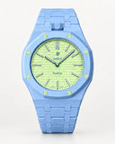Keramikarmband in Hellblau mit Gehäuse für die AP x Swatch Royal Pop Blaue Acht, Frontansicht | WatchCollab
