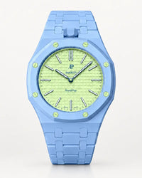 Light blue ceramic strap and case for the AP x Swatch Royal Pop Blaue Acht, front view | WatchCollab