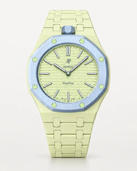 Keramikarmband in Creme mit Gehäuse für die AP x Swatch Royal Pop Blaue Acht, Frontansicht | WatchCollab