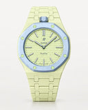 Cream ceramic strap and case for the AP x Swatch Royal Pop Blaue Acht, front view | WatchCollab
