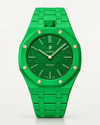 Green ceramic strap and case for the AP x Swatch Royal Pop Green Eight, front view | WatchCollab