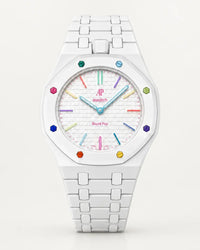 Correa de cerámica blanca y caja para el AP x Swatch Royal Pop Huit Blanc, vista frontal | WatchCollab