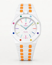 Keramikarmband in Weiß-Orange mit Gehäuse für die AP x Swatch Royal Pop Huit Blanc, Frontansicht | WatchCollab